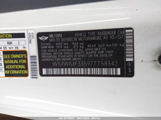 2007 MINI COOPER WMWMF33597TT58342 Photo 8