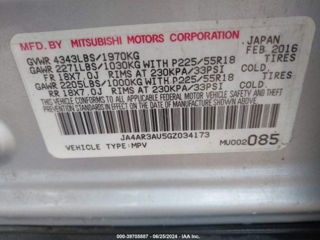 JA4AR3AU5GZ034173 Mitsubishi Outlander Sport 2.0 Es