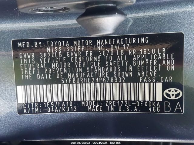 5YFBURHE2HP678932 Toyota COROLLA L