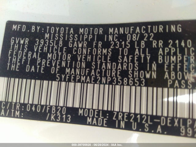 Toyota COROLLA LE 2022 5YFEPMAE2NP358653 Image 9