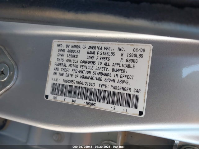 Aukcja sprzedaży 2006 Honda Accord 2.4 Vp, vin: 1HGCM56156A121643, numer aukcji: 39705944