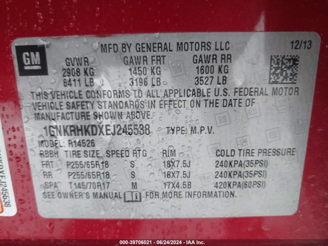 Chevrolet Traverse 2lt 2014 1GNKRHKDXEJ245538 Image 9