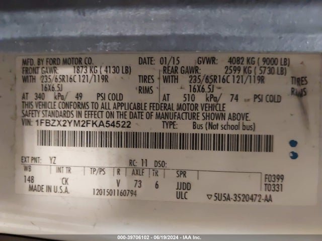 Ford Transit-350 Xlt 2015 1FBZX2YM2FKA54522 Image 9