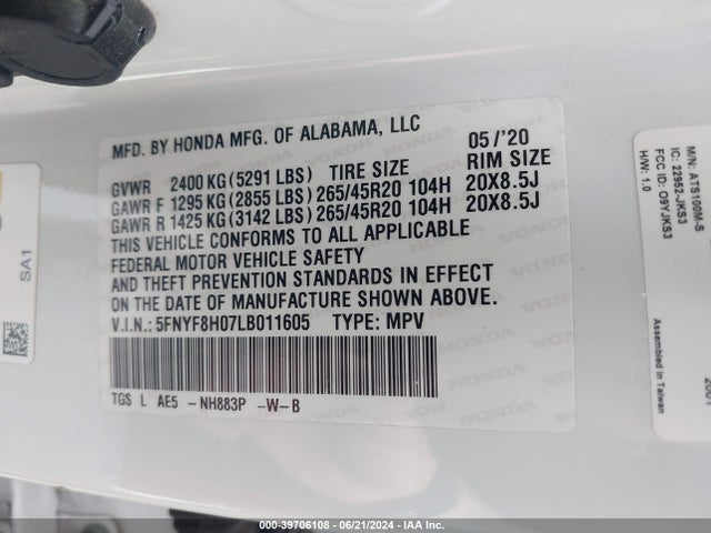 Honda Passport Awd Elite 2020 5FNYF8H07LB011605 Image 9