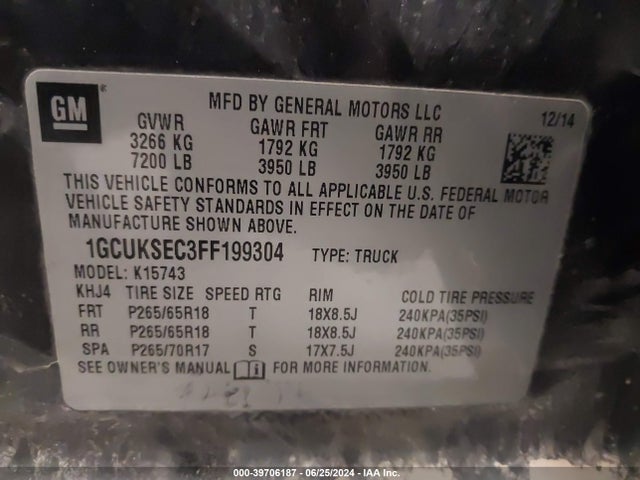 Chevrolet Silverado 1500 1lz 2015 1GCUKSEC3FF199304 Image 9
