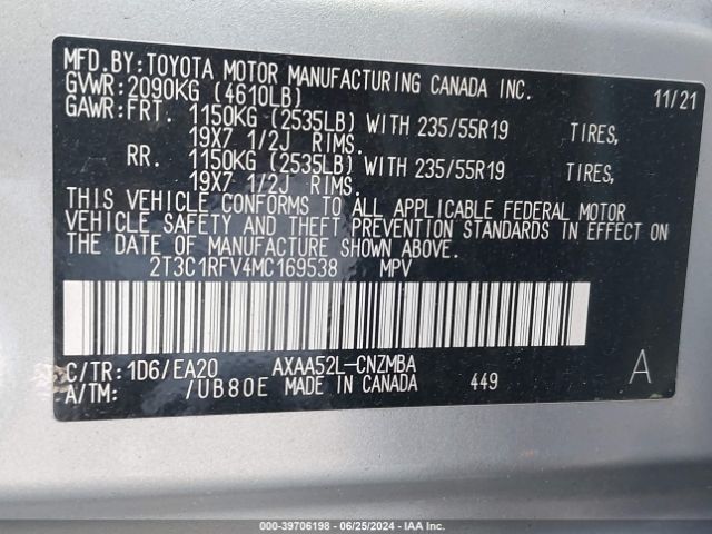 2T3C1RFV4MC169538 Toyota Rav4 Xle Premium