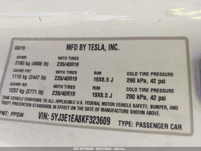 5YJ3E1EA8KF323609 Tesla Model 3 Long Range/mid Range/standard Range/standard Range Plus