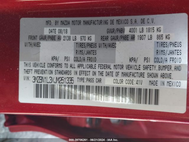 3MZBN1L3XJM251335 Mazda Mazda3 Touring