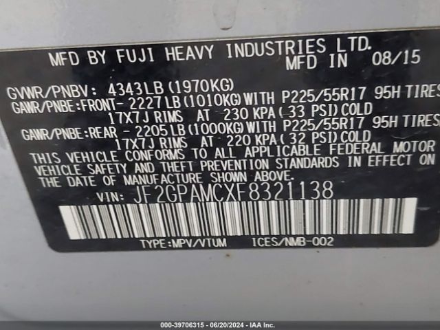 JF2GPAMCXF8321138 Subaru Xv Crosstrek 2.0i Limited