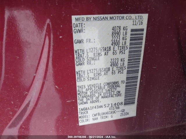 1N6BA1F43HN521408 Nissan Titan Xd Pro-4x Diesel
