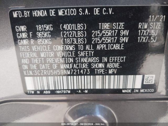 3CZRU5H59NM721473 Honda Hr-v 2wd Ex