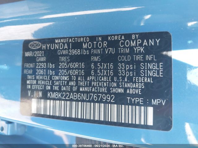 KM8K22AB6NU767992 Hyundai Kona Se