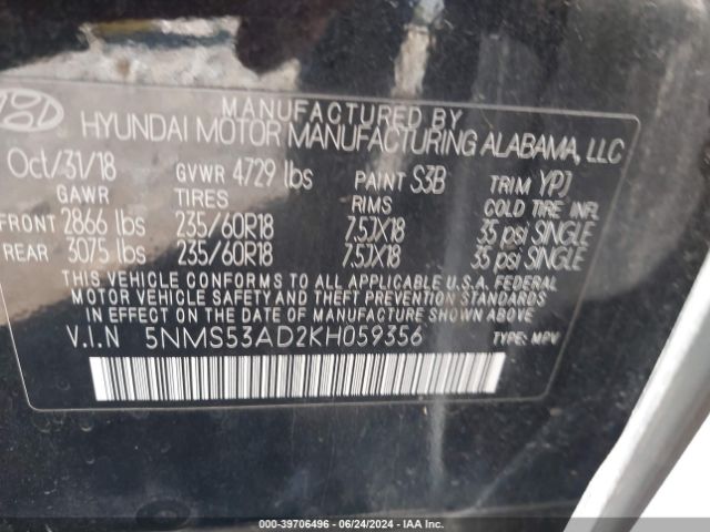 5NMS53AD2KH059356 Hyundai Santa Fe Limited