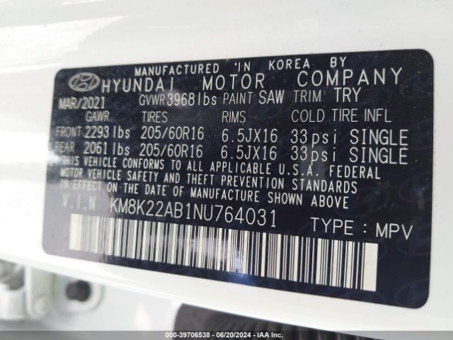 KM8K22AB1NU764031 Hyundai Kona Se