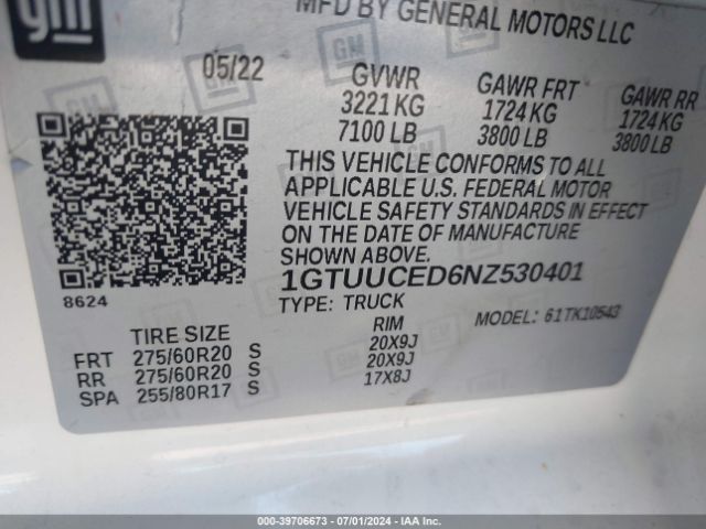 1GTUUCED6NZ530401 GMC Sierra 1500 4wd  Short Box Elevation With 3sb