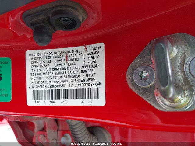 Honda Civic Lx 2016 2HGFC2F52GH549688 Image 9