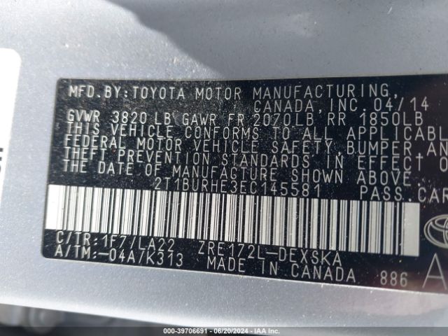 2T1BURHE3EC145581 Toyota Corolla S Premium