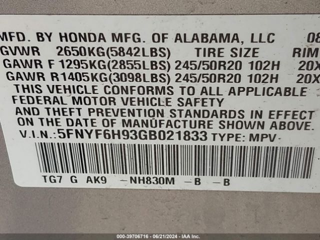 5FNYF6H93GB021833 Honda Pilot Touring