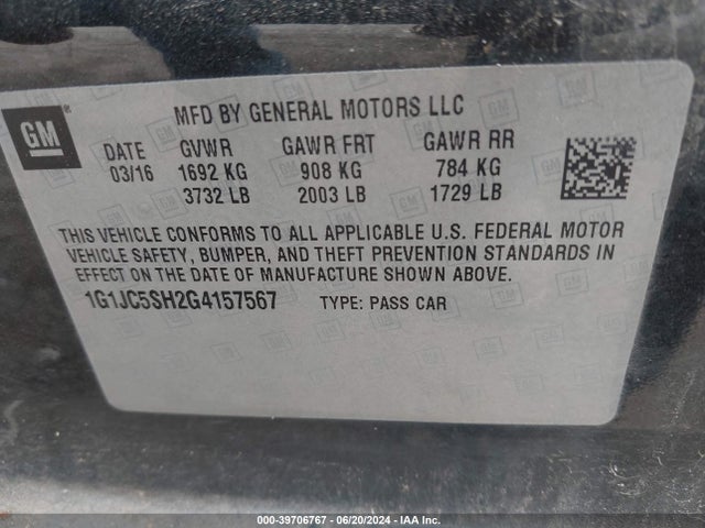 Chevrolet Sonic Lt Auto 2016 1G1JC5SH2G4157567 Image 9