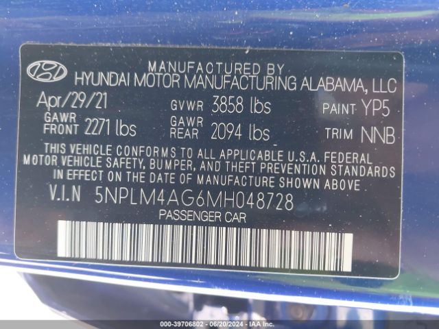 5NPLM4AG6MH048728 Hyundai ELANTRA SEL