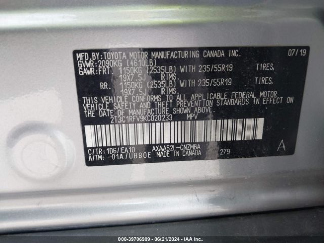 2T3C1RFV9KC020233 Toyota Rav4 Xle Premium