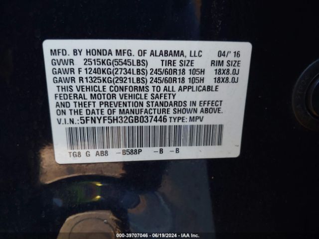 5FNYF5H32GB037446 Honda Pilot Ex
