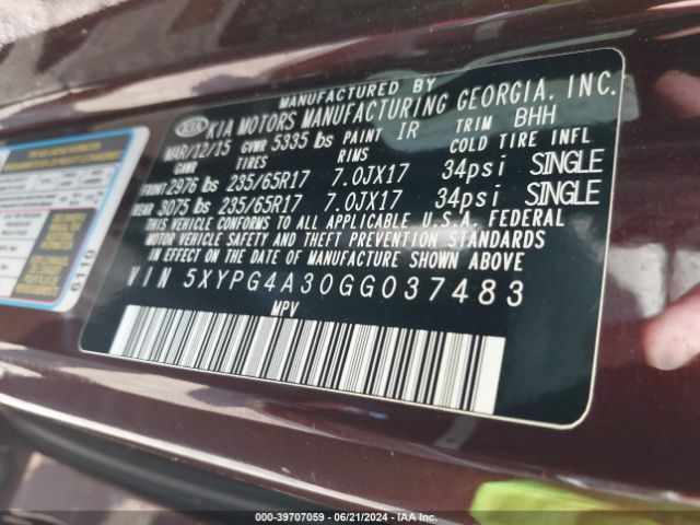 5XYPG4A30GG037483 KIA Sorento 2.4l Lx