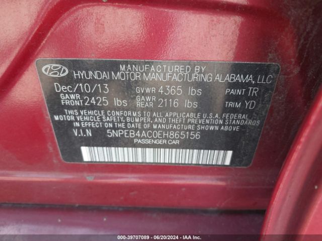 5NPEB4AC0EH865156 Hyundai SONATA GLS