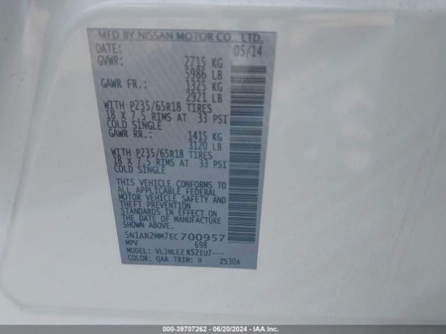 5N1AR2MM7EC700957 Nissan Pathfinder Sv