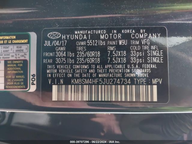 KM8SM4HF5JU274734 Hyundai Santa Fe Se