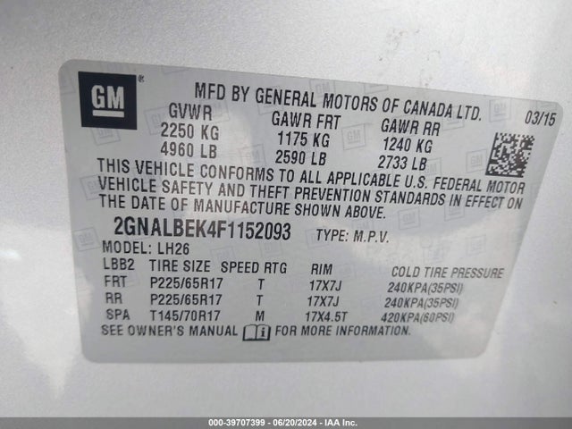 Chevrolet EQUINOX 1LT 2015 2GNALBEK4F1152093 Image 9