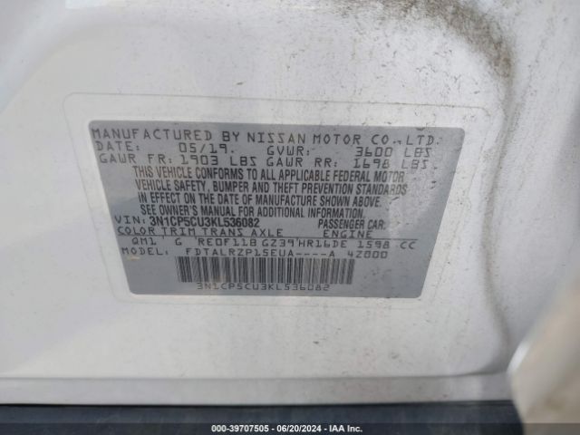 3N1CP5CU3KL536082 Nissan KICKS S