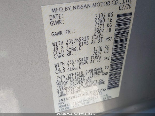 Nissan Murano Sv Intelligent Awd 2020 5N1AZ2BS2LN139876 Image 9