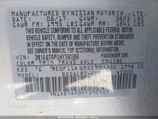 Nissan SENTRA S 2017 3N1AB7AP0HY390959 Image 9
