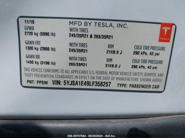 2020 TESLA MODEL S 5YJSA1E49LF358257 Photo 8