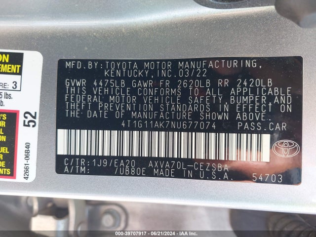 Toyota CAMRY SE 2022 4T1G11AK7NU677074 Image 9