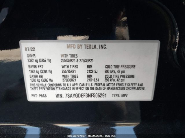 7SAYGDEF3NF506291 Tesla Model Y Performance Dual Motor All-wheel Drive