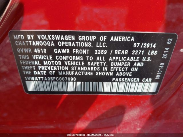 1VWAT7A35FC007690 Volkswagen Passat 1.8t Wolfsburg Edition