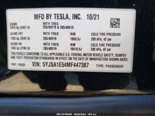 5YJSA1E54MF447387 Tesla Model S Long Range Dual Motor All-wheel Drive