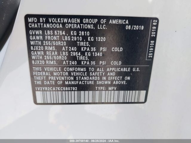 1V2YR2CA7KC580792 Volkswagen Atlas 3.6l V6 Se W/technology R-line