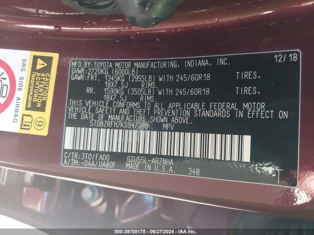 Toyota Highlander Le Plus 2019 5TDBZRFH7KS947388 Image 9