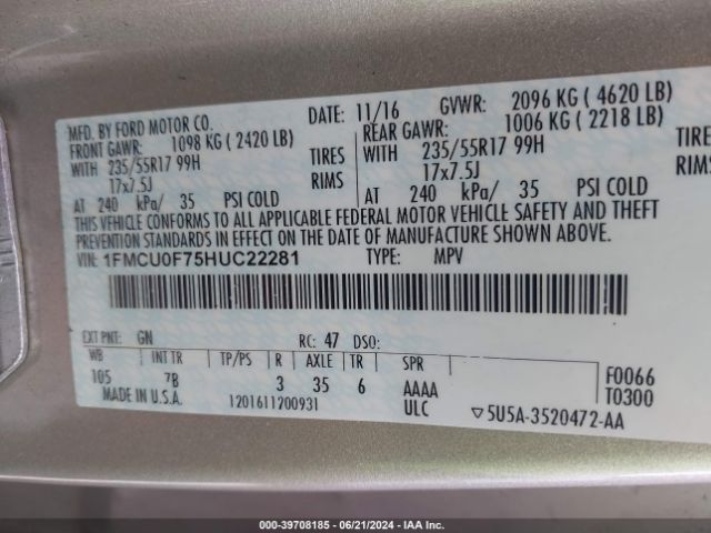 1FMCU0F75HUC22281 Ford ESCAPE S
