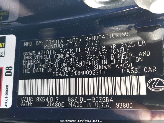 Lexus ES 350 2021 58ADZ1B13MU092310 Image 9
