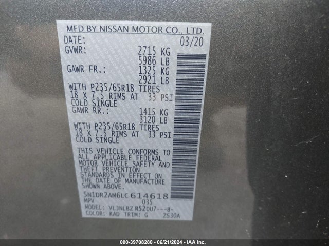 Nissan Pathfinder S 4wd 2020 5N1DR2AM6LC614618 Image 9
