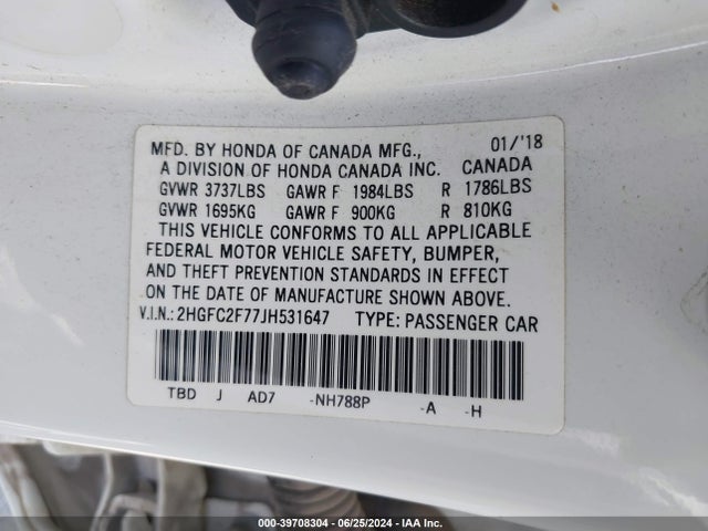 Honda CIVIC EX 2018 2HGFC2F77JH531647 Image 9