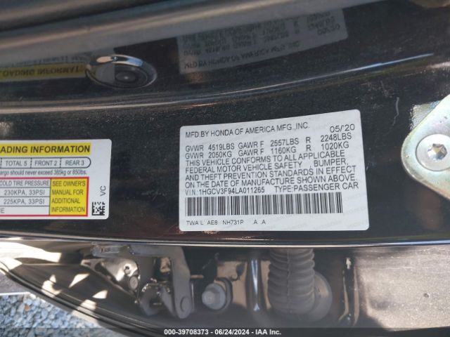 1HGCV3F94LA011265 Honda Accord Hybrid Touring
