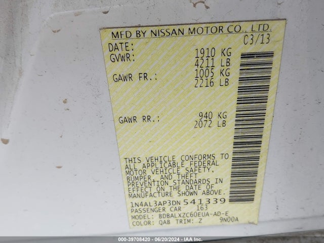 Aukcja sprzedaży 2013 Nissan Altima 2.5 Sl, vin: 1N4AL3AP3DN541339, numer aukcji: 39708420