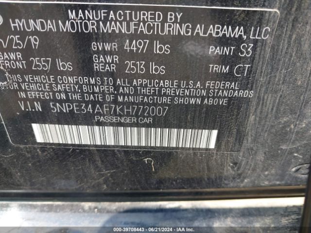 5NPE34AF7KH772007 Hyundai SONATA SEL