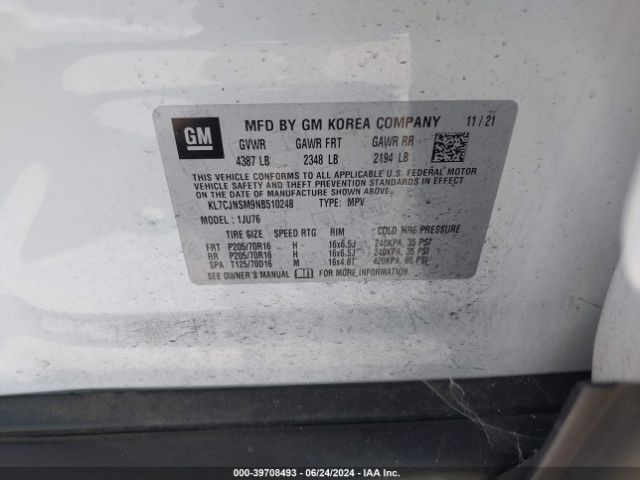 KL7CJNSM9NB510248 Chevrolet Trax Awd Ls