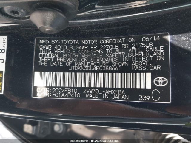 JTDKN3DU8E0388661 Toyota Prius Two
